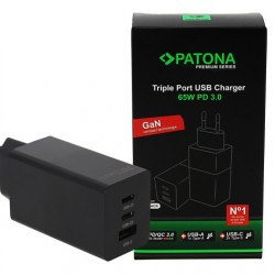 PATONA Premium GaN PD65W Adapter Black 2xUSB-C 1xUSB-A PD3.0 QC3.0