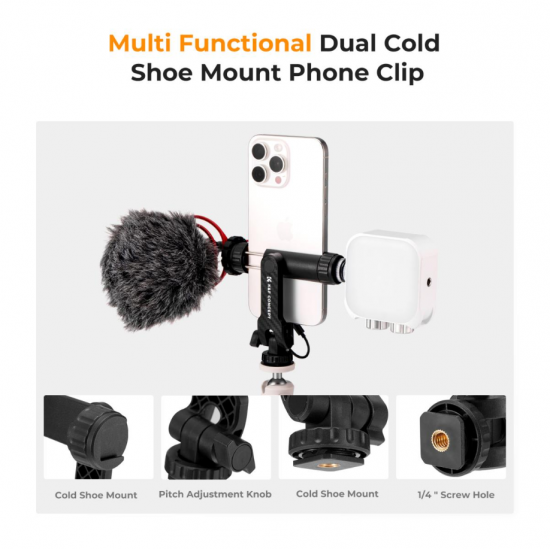 K&F Concept Cell Phone Holder Clamp With Two Cold Shoe Mount 360° Adjustment